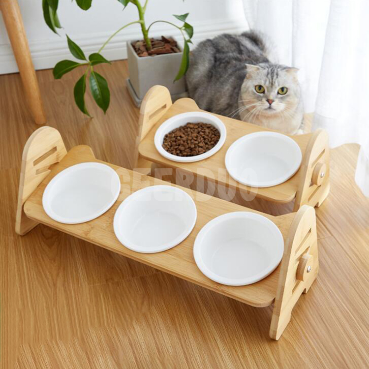 Bamboo Stand Ceramic Raised Dog Cat Food and Water Bowl GRDFB-5
